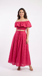 Back view of the Fuchsia Pink Dress, featuring Schiffli by Rosio House — ideal for Brunch