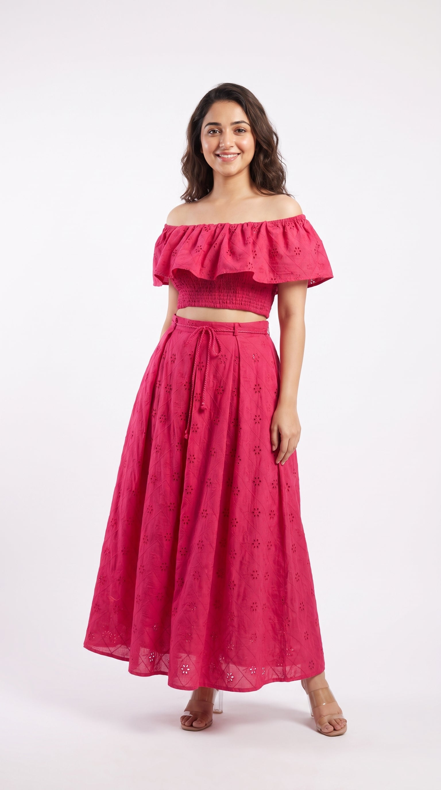 Back view of the Fuchsia Pink Dress, featuring Schiffli by Rosio House — ideal for Brunch
