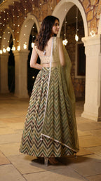 Olive Green Chevron Printed Lightweight Lehenga Set with Handwork Blouse | Rosio House