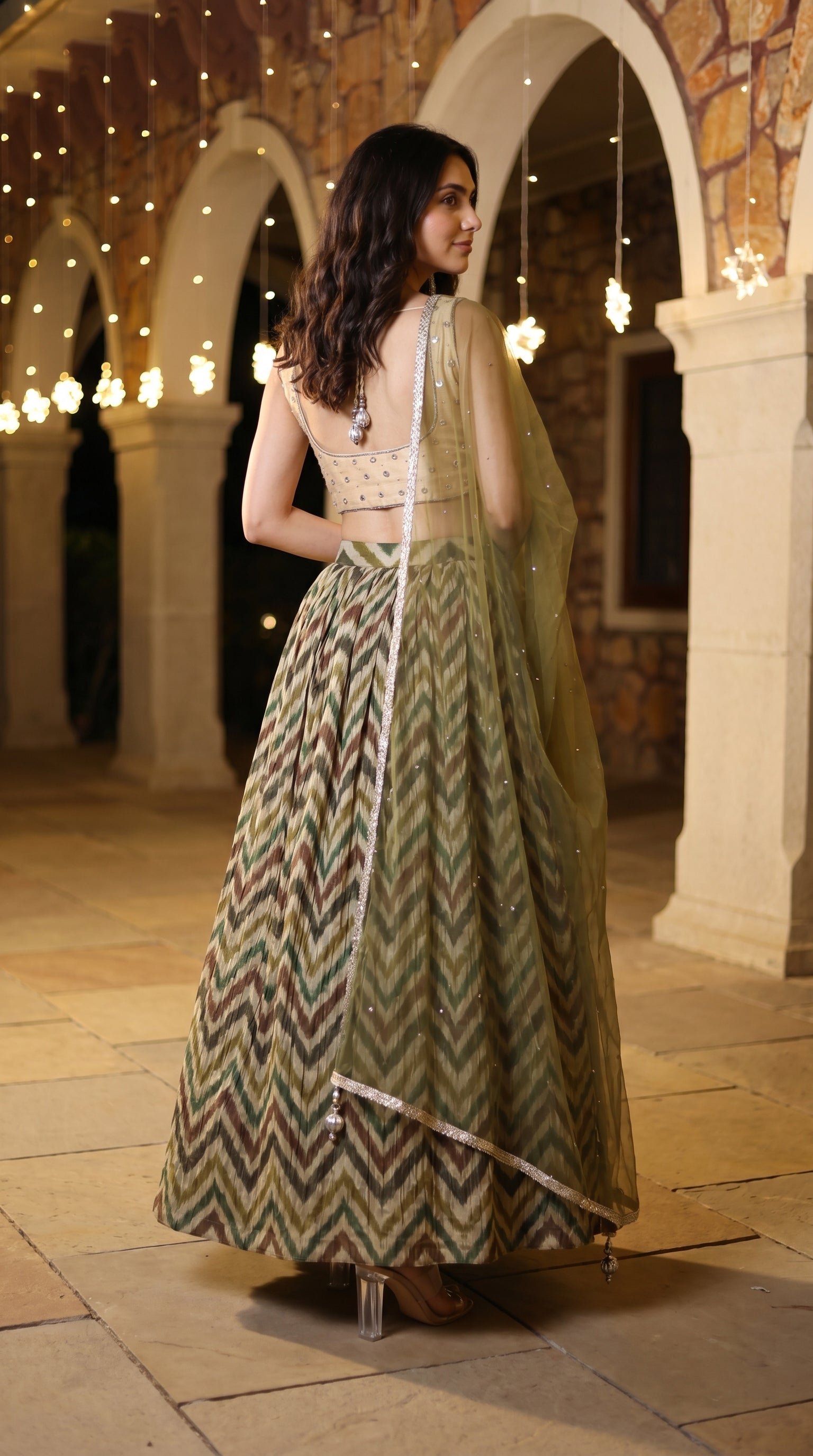 Olive Green Chevron Printed Lightweight Lehenga Set with Handwork Blouse | Rosio House