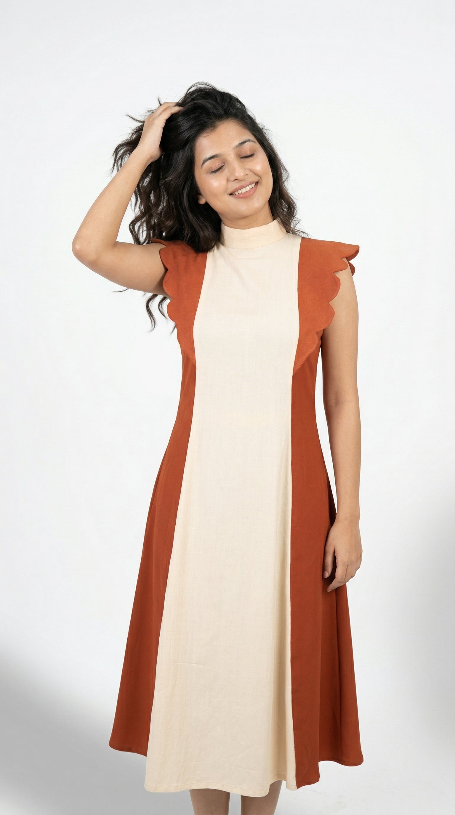 Cream & Terracotta Color Block Midi Dress | Scalloped Sleeves | Rosio House