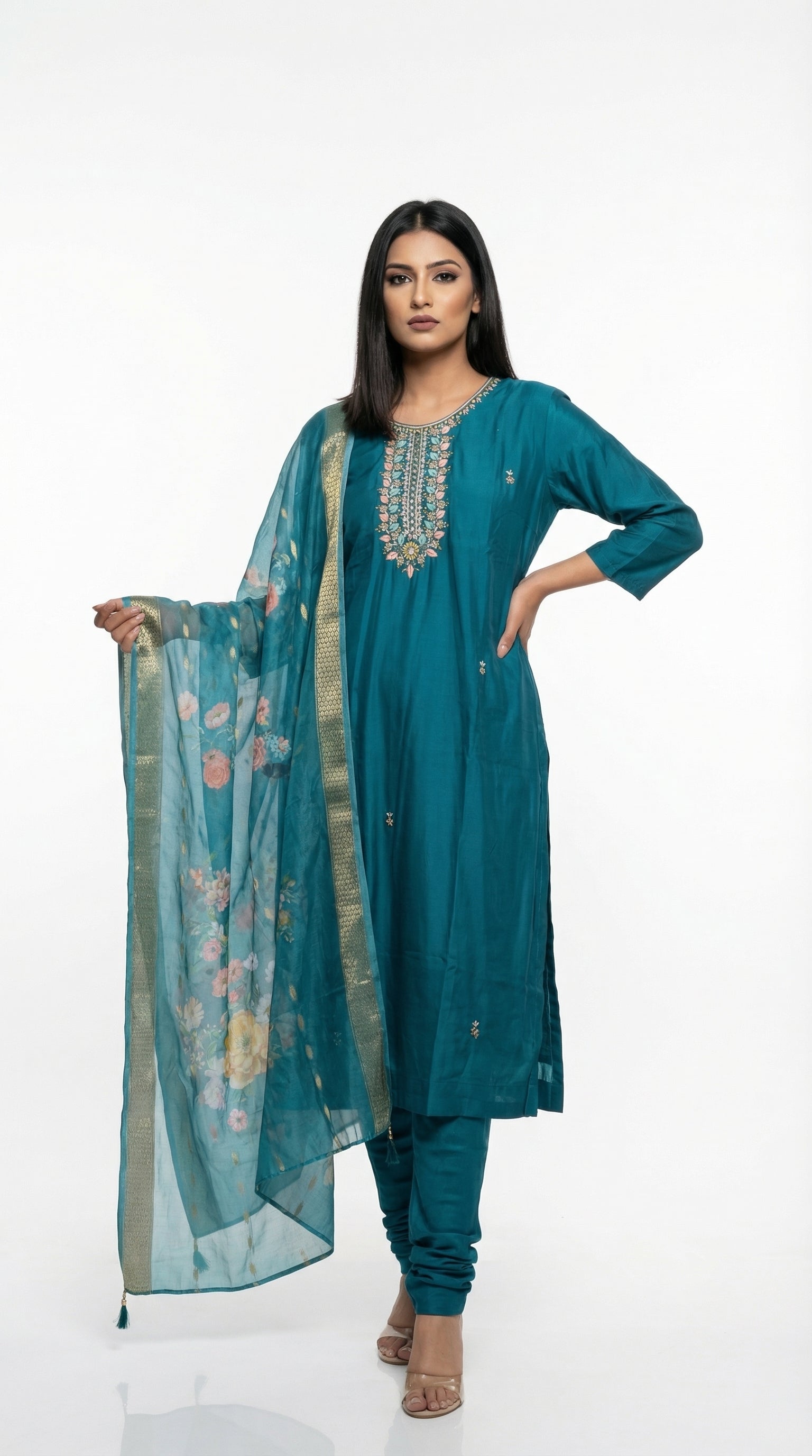 Teal Embroidered Art women suit with Floral Organza Dupatta | Rosio House