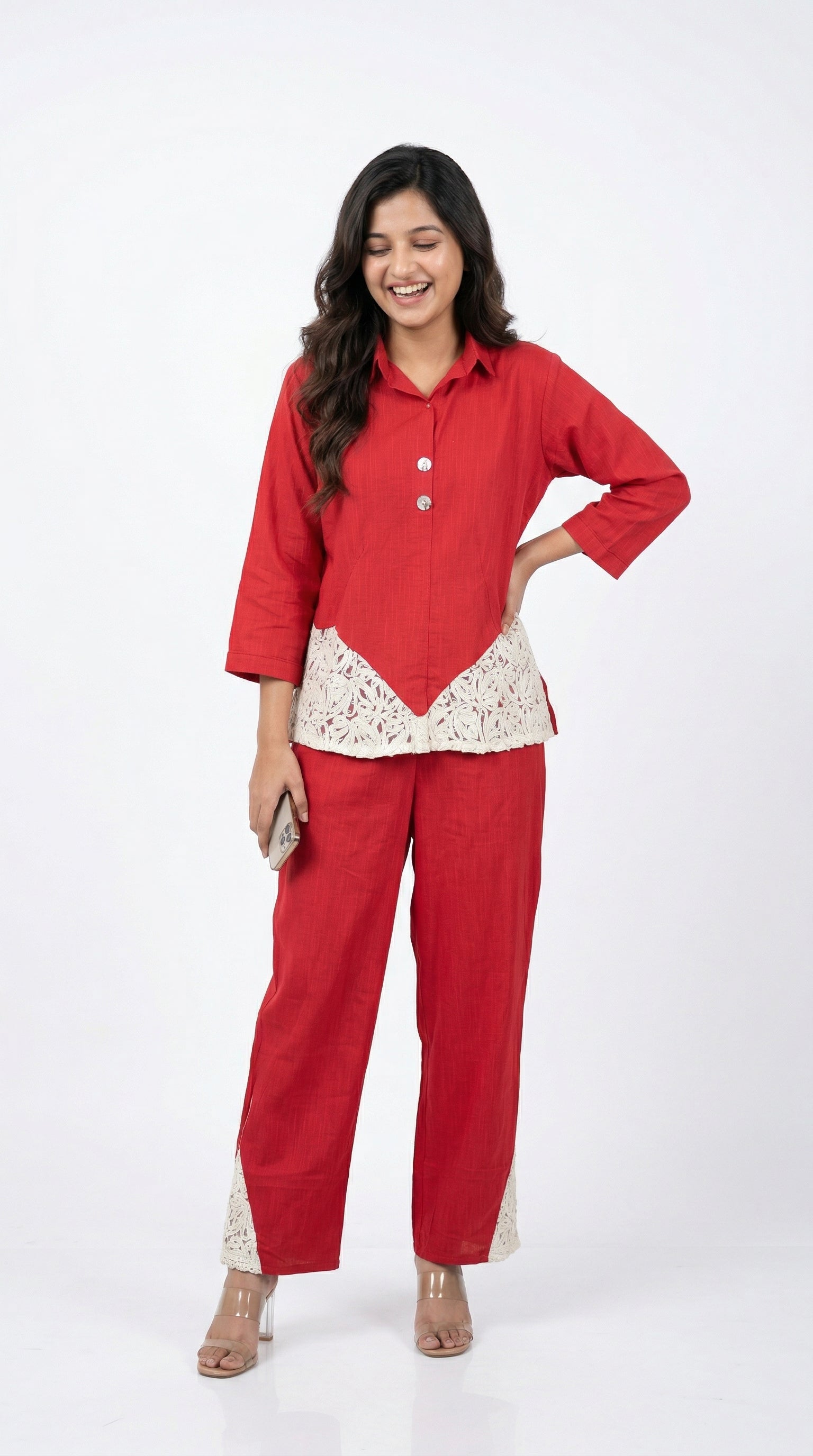 Red Pure Cotton Chiffli Lace Cord Set | Relaxed Fit Co-ord | Rosio House