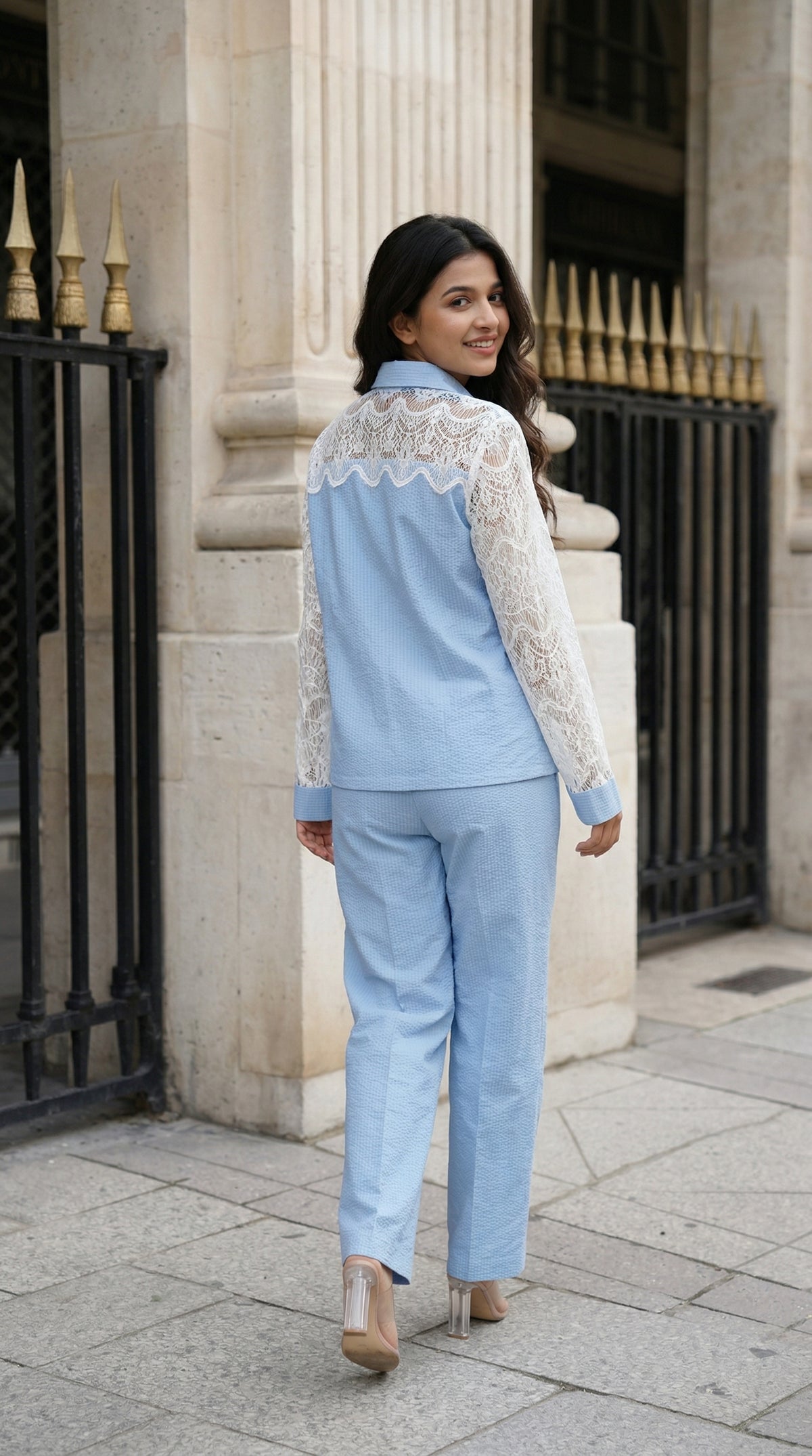 Light Blue Cotton Cord Set with Schiffli Lace | Rosio House