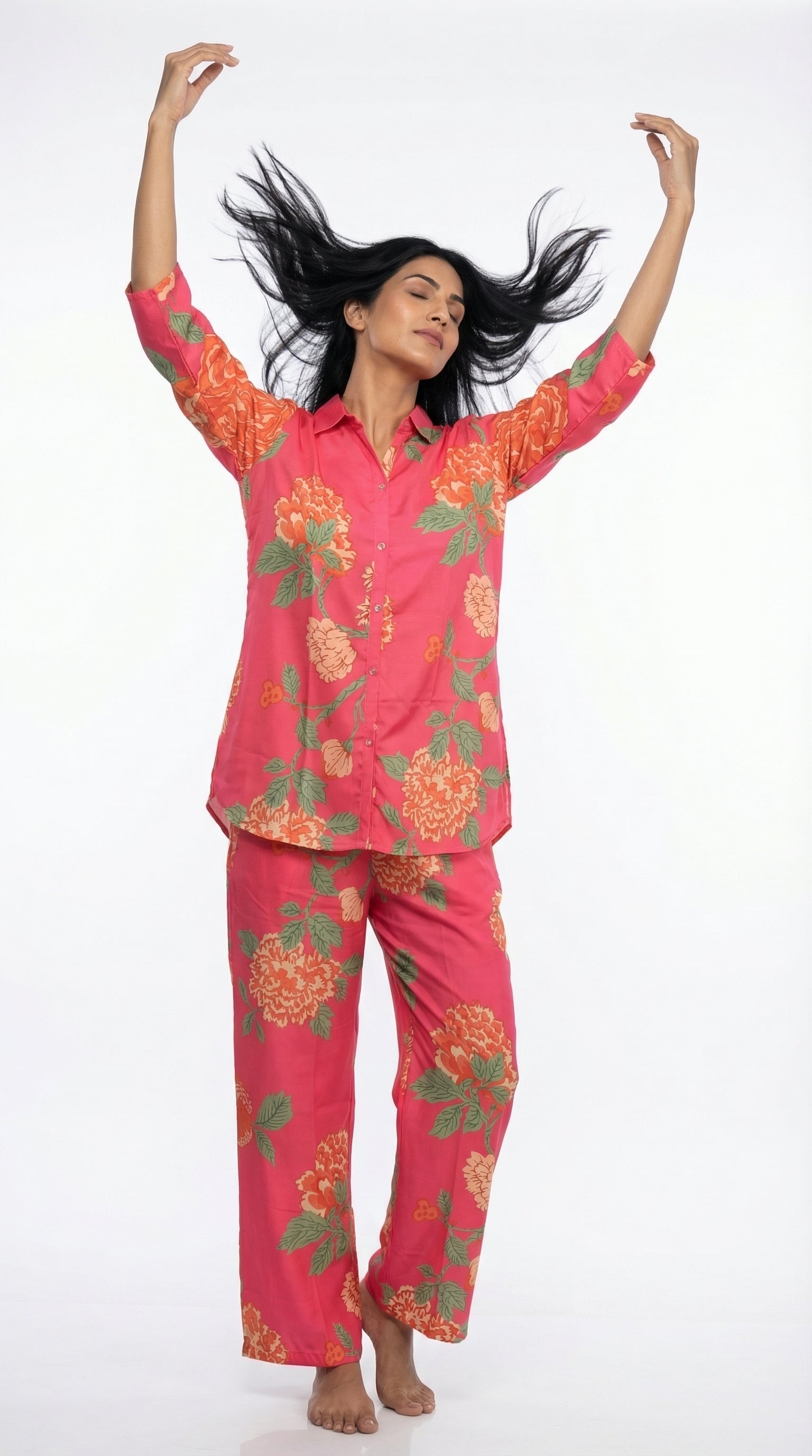 Coral Pink Floral Cord Set for Women | Shirt & Pants | Rosio House