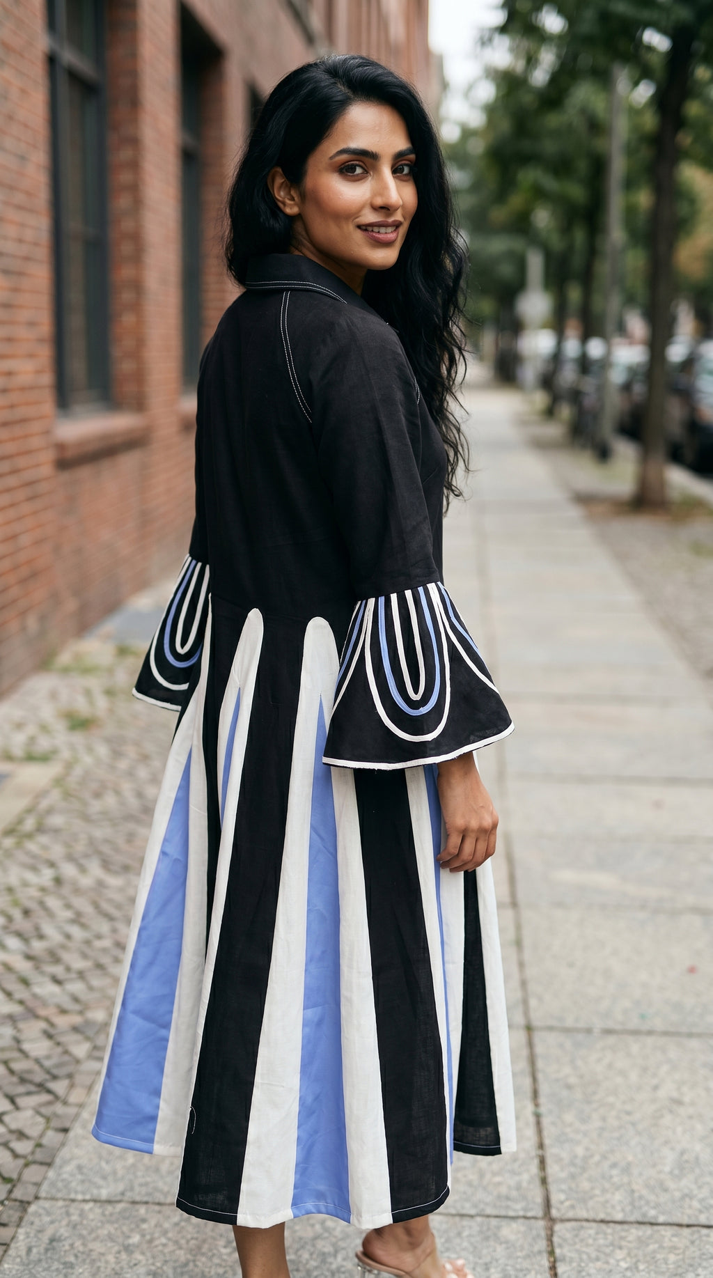 Flowy Pure Cotton Paneled Midi Shirt Dress | Rosio House