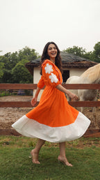 Orange & White Color-Block Midi Dress with Flower Appliqué | Rosio House