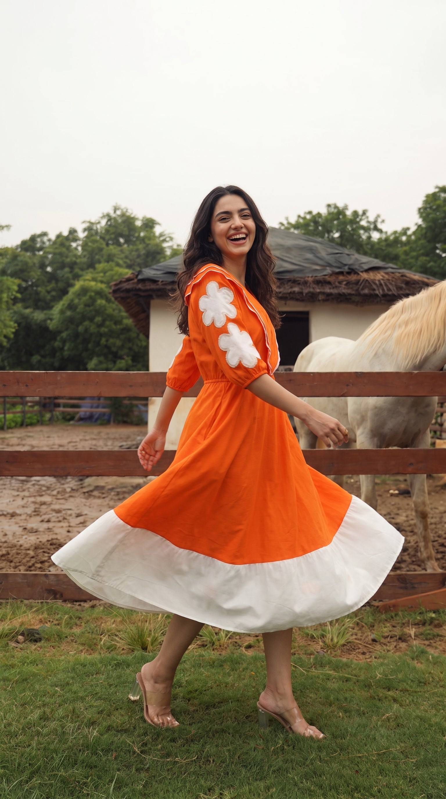 Orange & White Color-Block Midi Dress with Flower Appliqué | Rosio House
