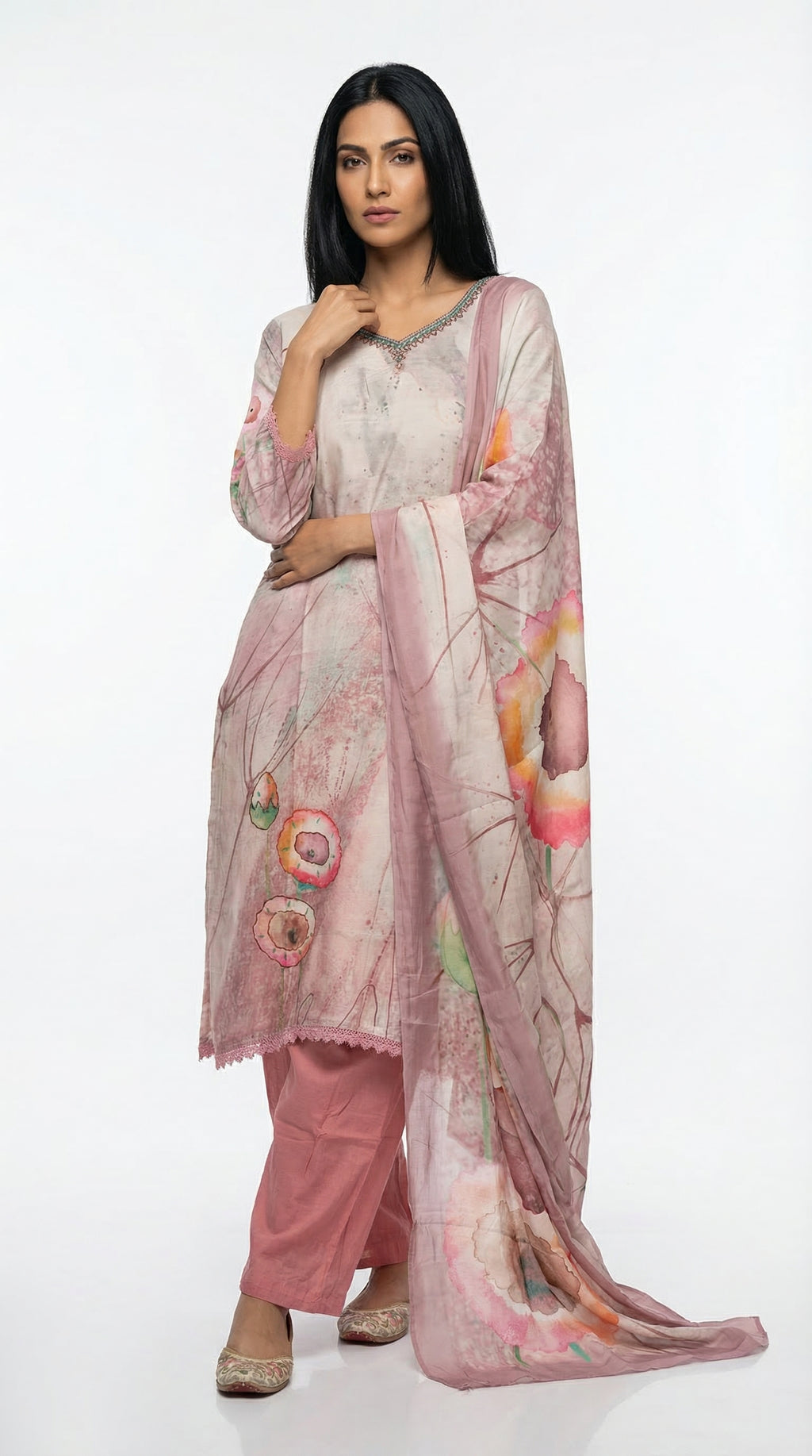 Blush Pink Printed Cotton Suit Set | Kurta, Pants & Dupatta | Rosio House
