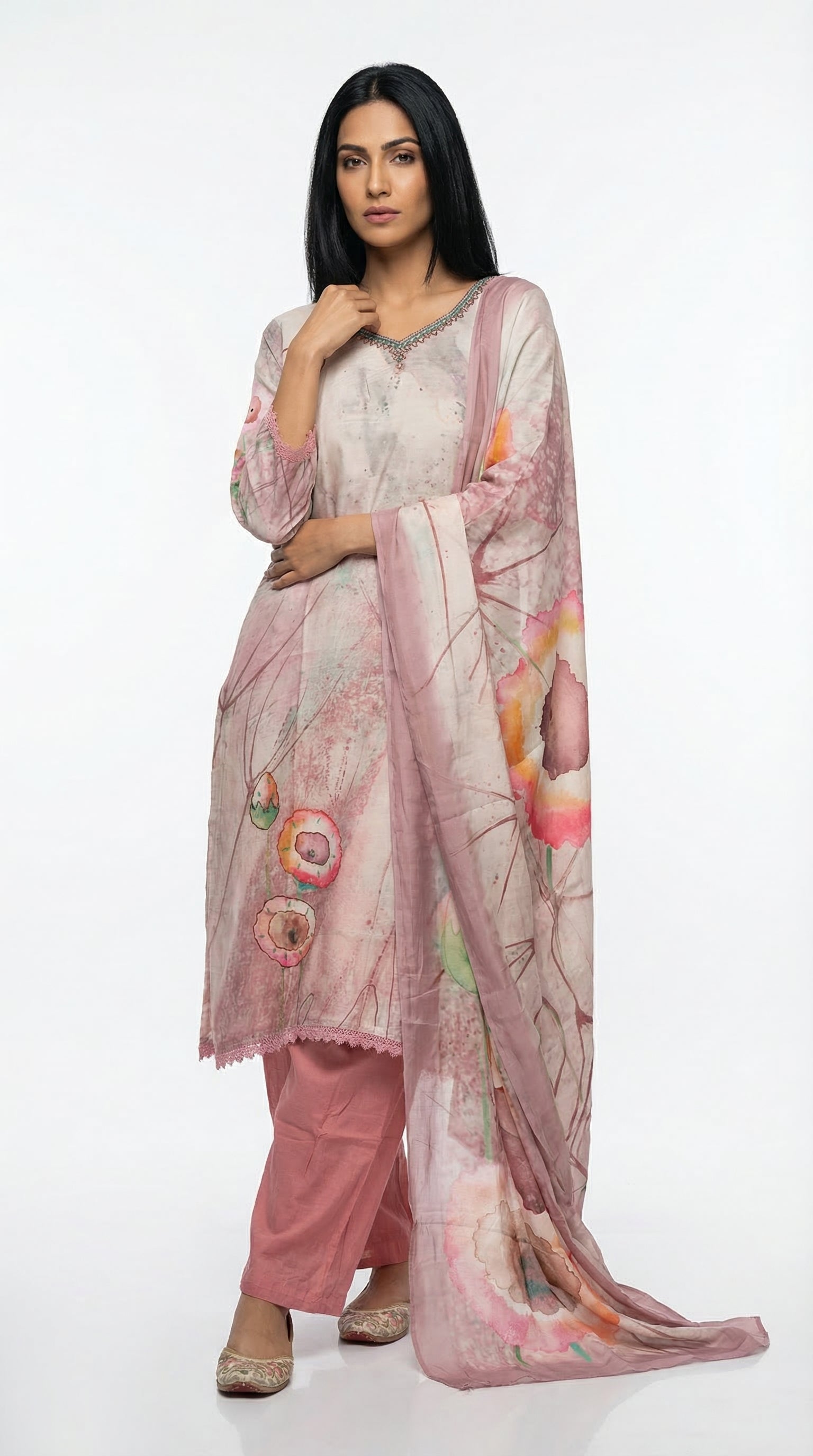 Blush Pink Printed Cotton Suit Set | Kurta, Pants & Dupatta | Rosio House