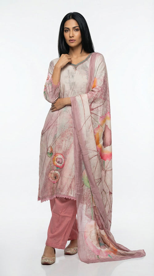 Blush Pink Printed Cotton Suit Set | Kurta, Pants & Dupatta | Rosio House