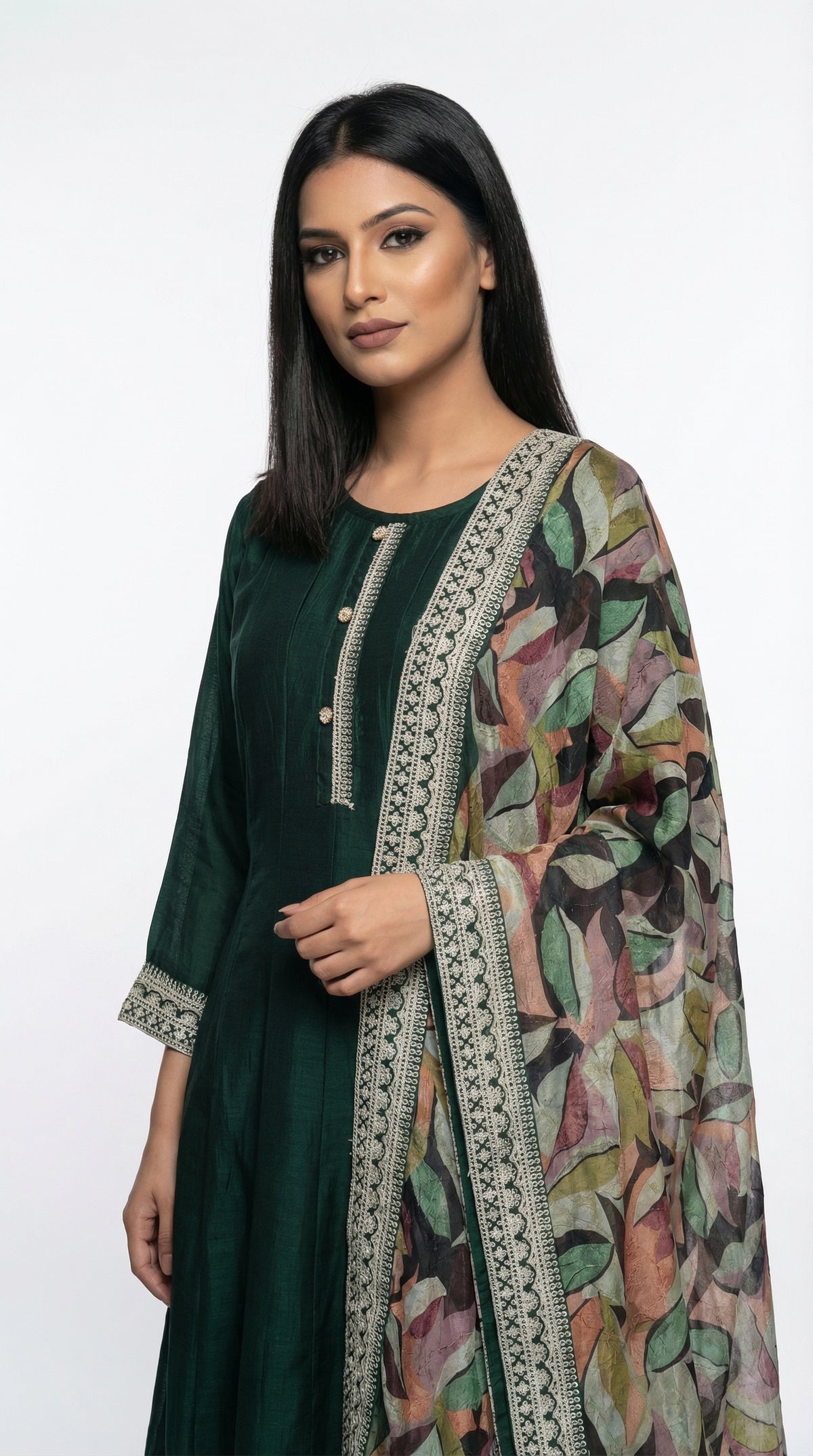 Emerald Green Embroidered Anarkali Suit with Printed Dupatta | Rosio House