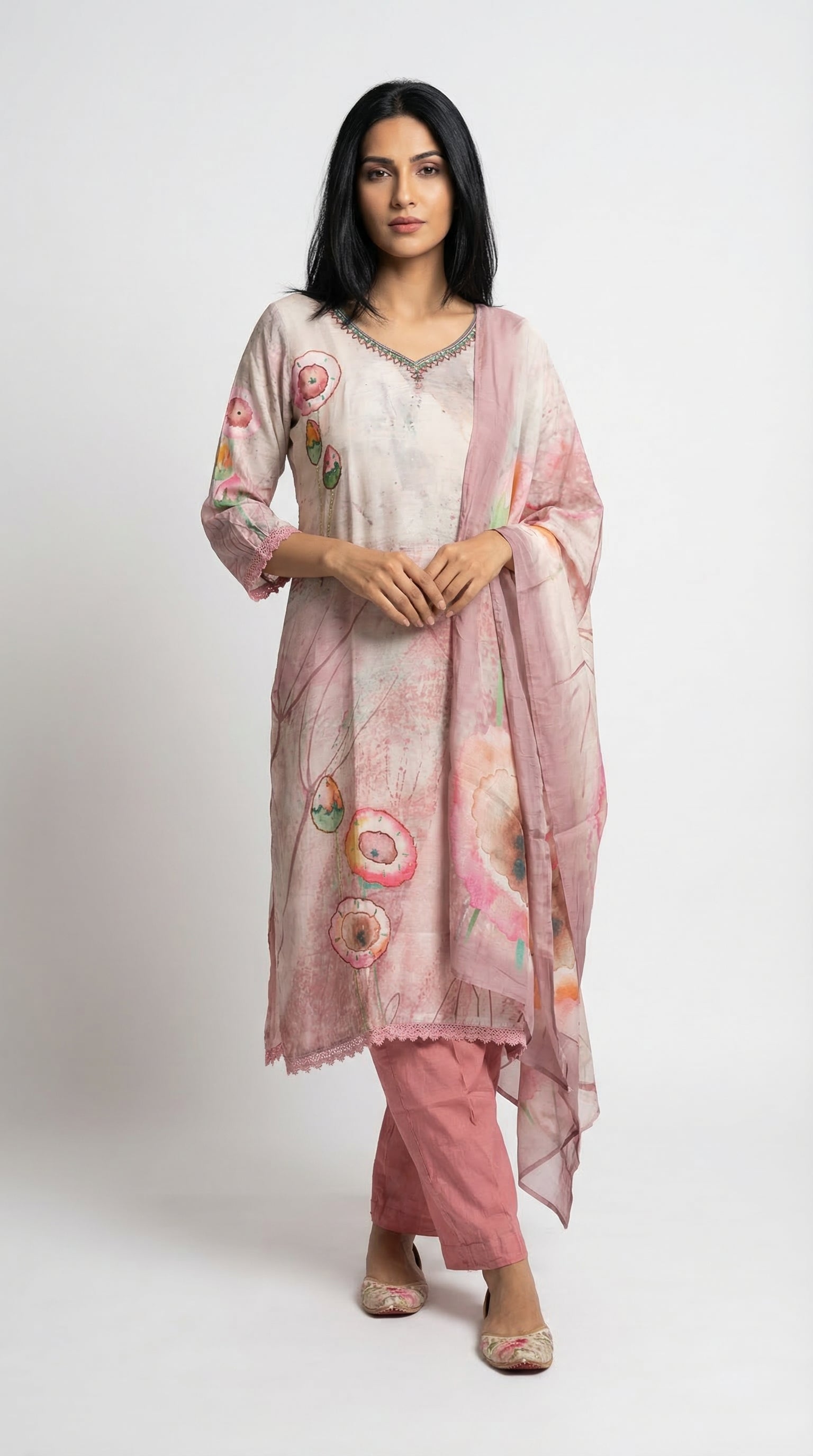 Blush Pink Printed Cotton Suit Set | Kurta, Pants & Dupatta | Rosio House