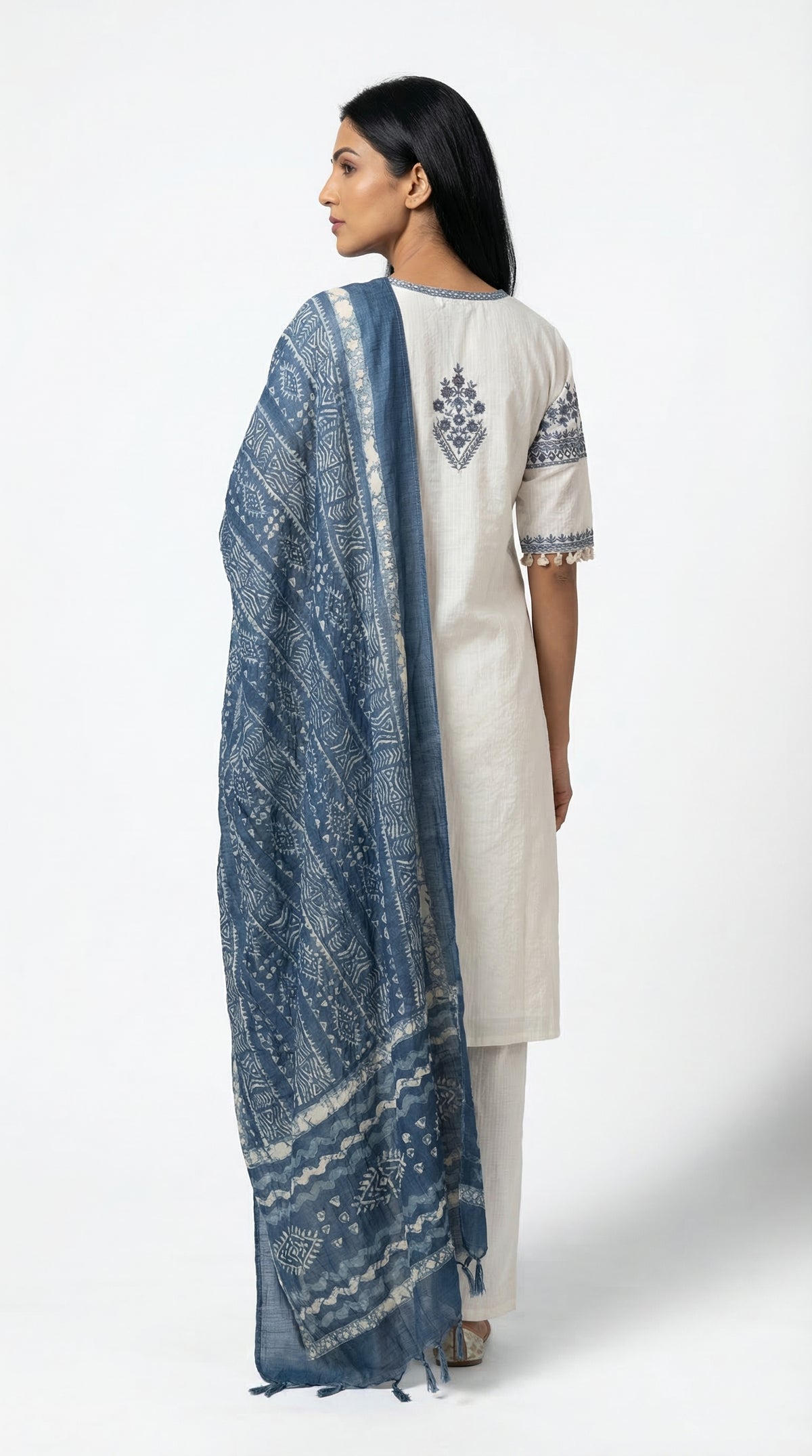 Off-White Embroidered Cotton Suit with Indigo Dupatta | Rosio House