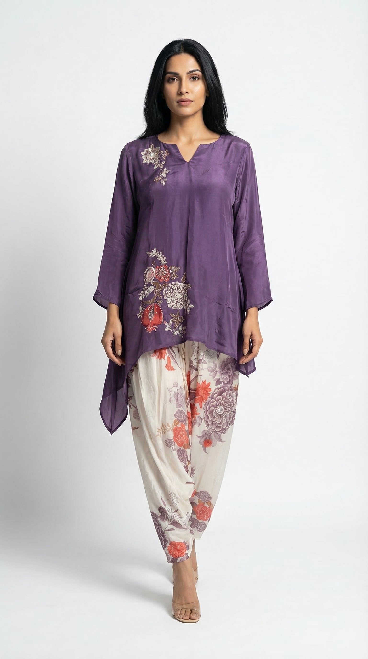Plum Embroidered Kafta Suit & Floral Farshi Salwar | Rosio House