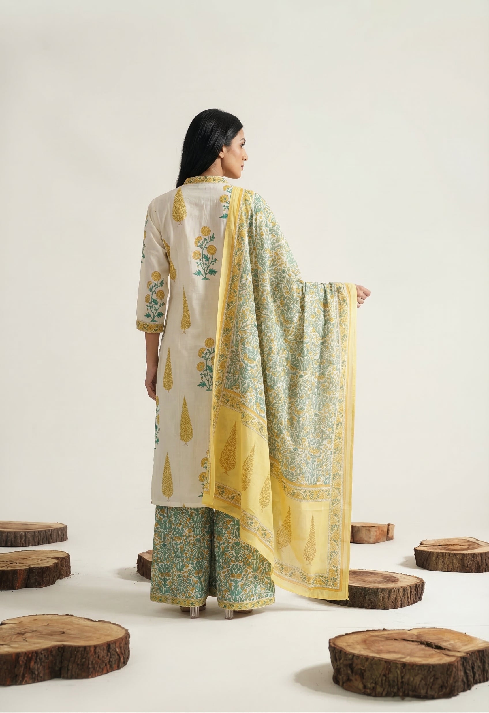 Ivory Yellow Block Print Cotton Suit Set | Rosio House