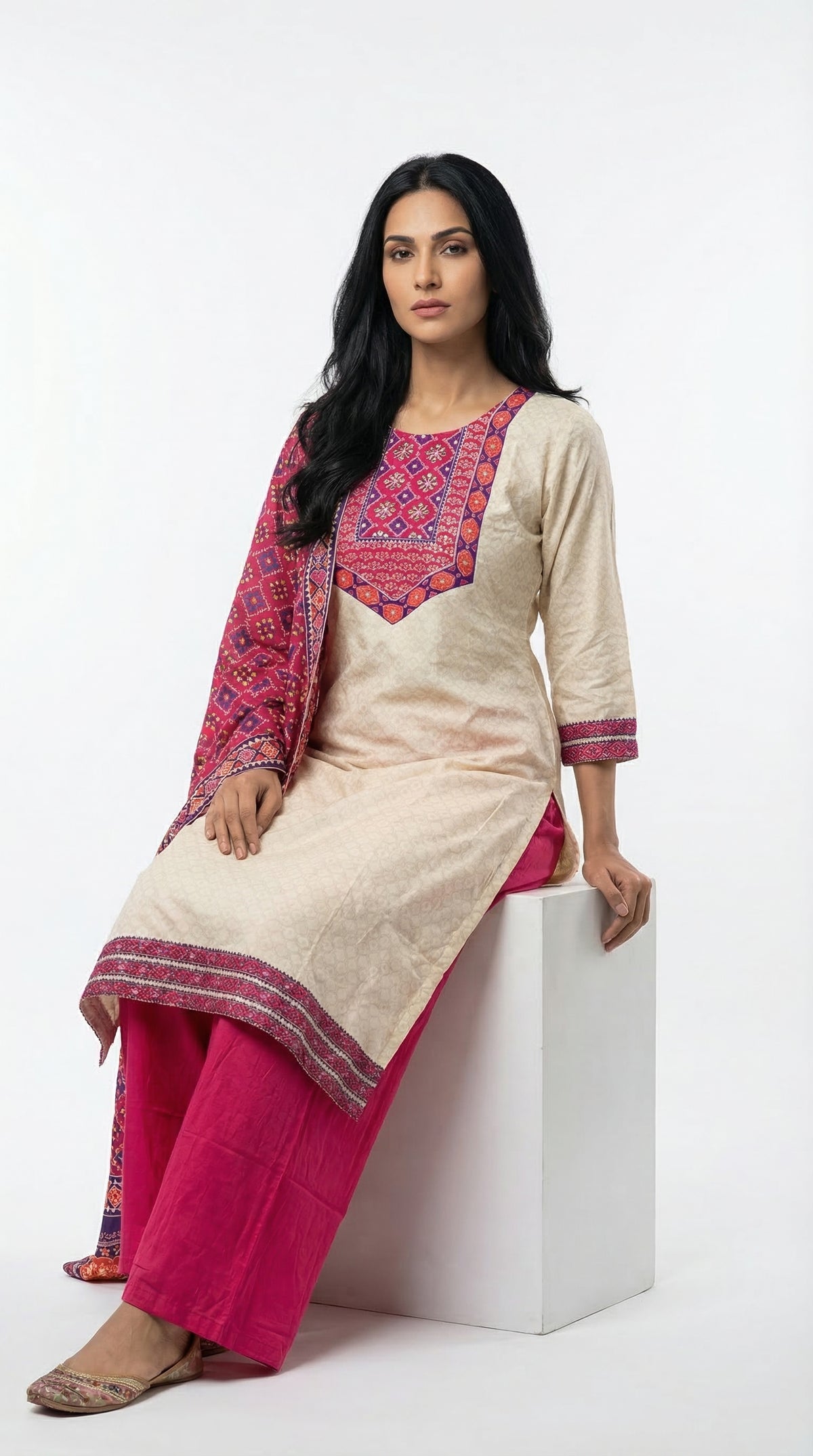 Vibrant Cream & Fuchsia Cotton Suit with Printed Dupatta | Rosio House