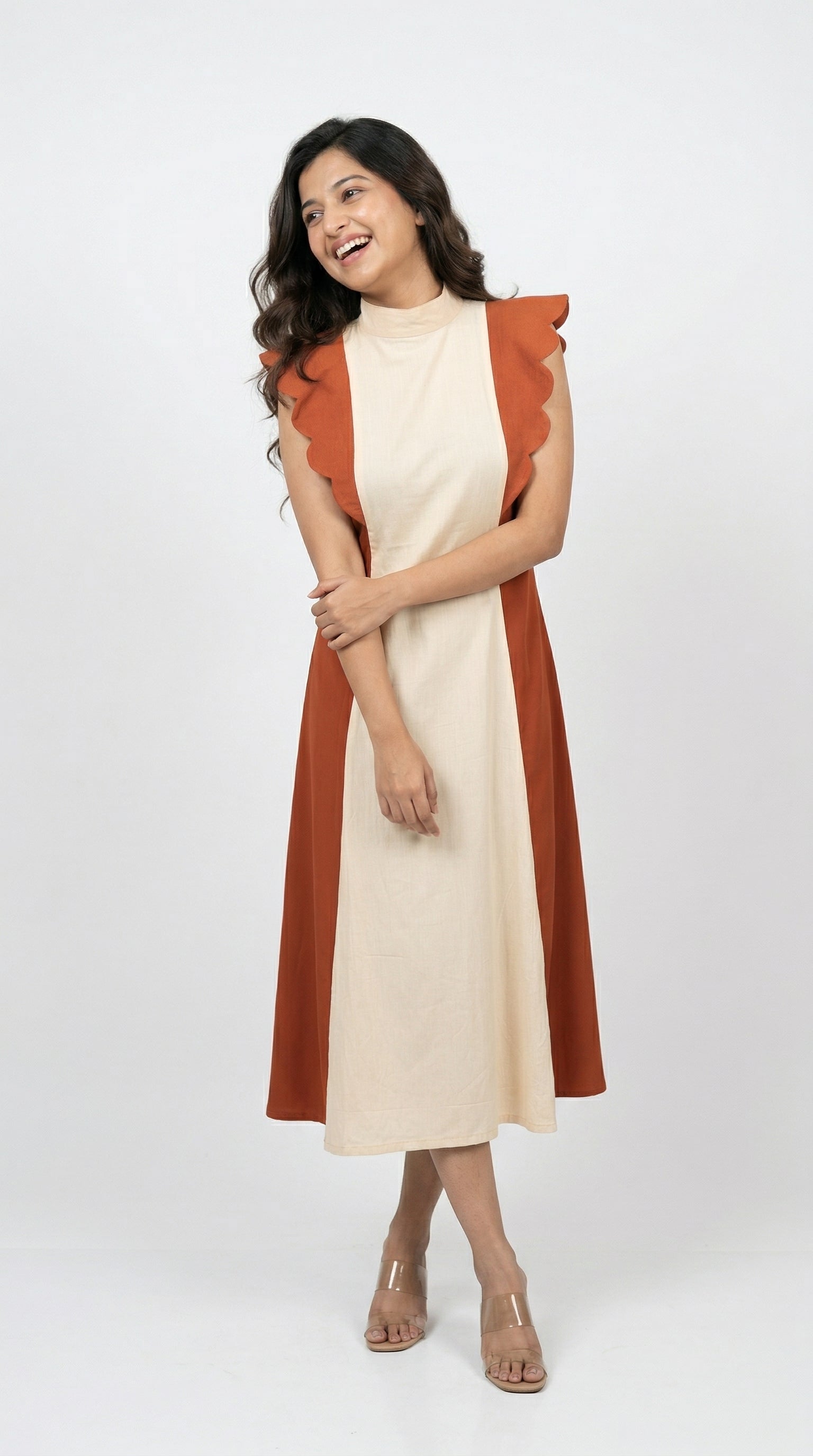 Cream & Terracotta Color Block Midi Dress | Scalloped Sleeves | Rosio House