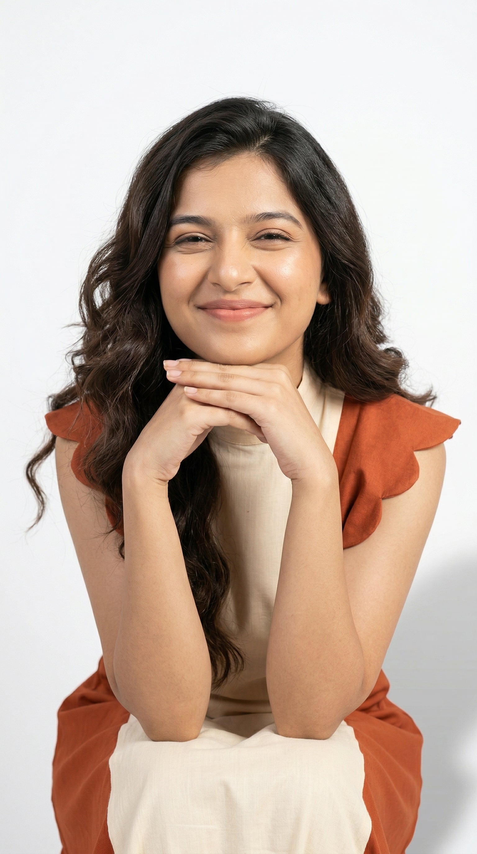 Cream & Terracotta Color Block Midi Dress | Scalloped Sleeves | Rosio House