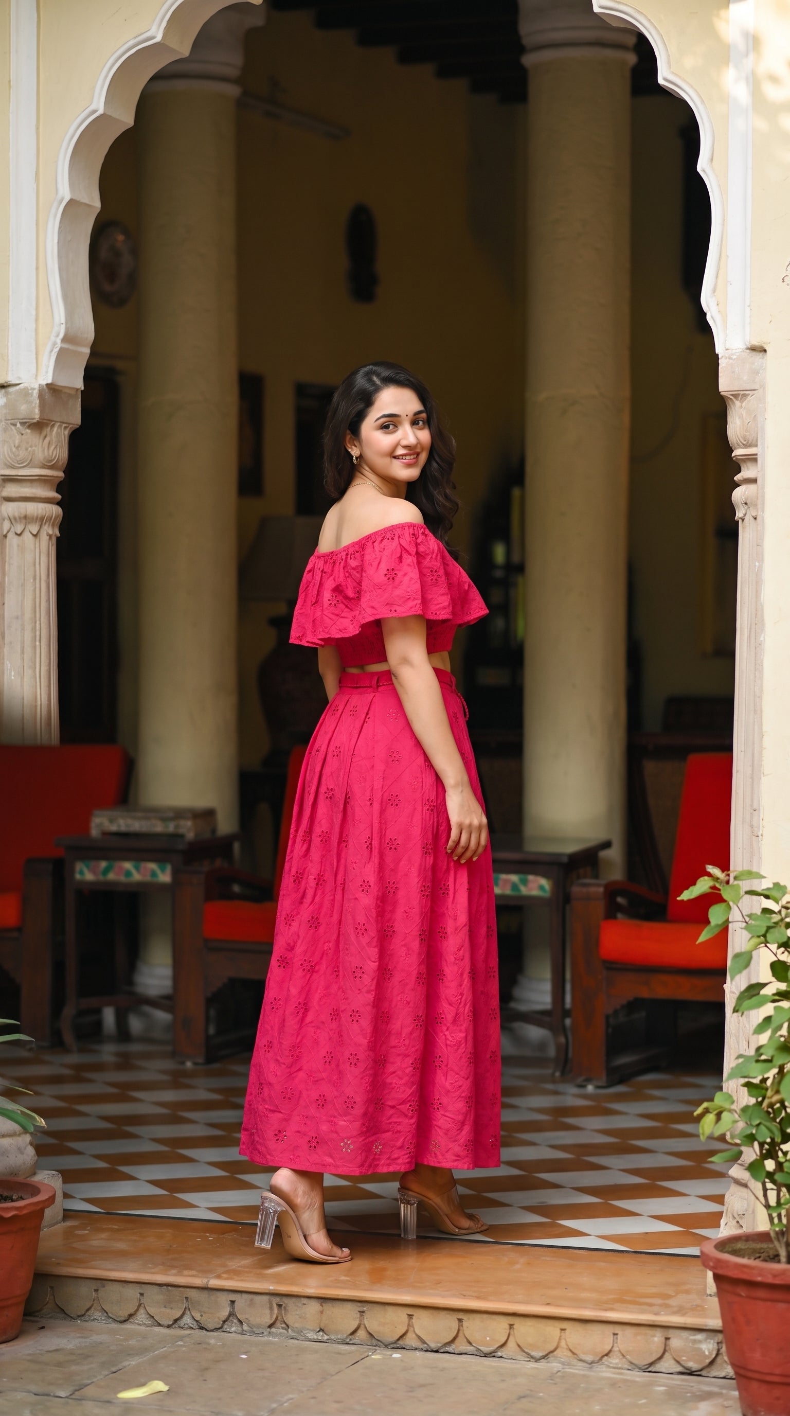 Side view of the Fuchsia Pink Dress, featuring Schiffli by Rosio House — ideal for Brunch