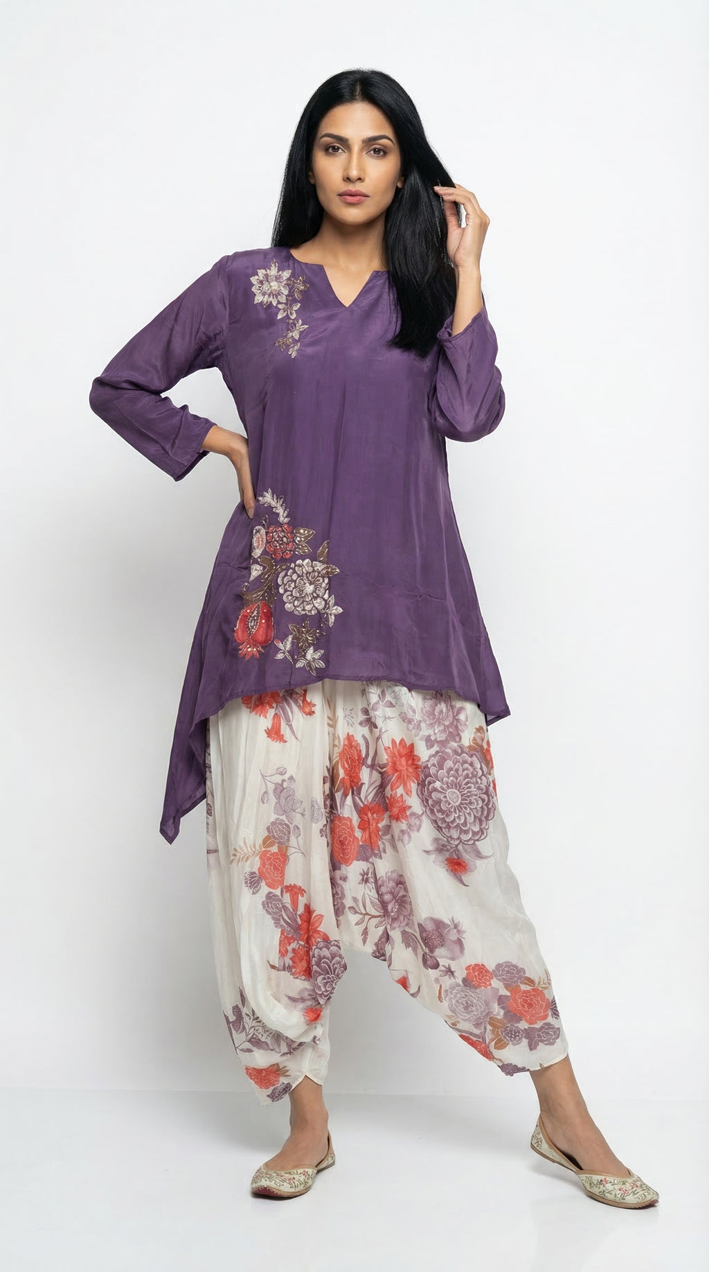 Plum Embroidered Kafta Suit & Floral Farshi Salwar | Rosio House