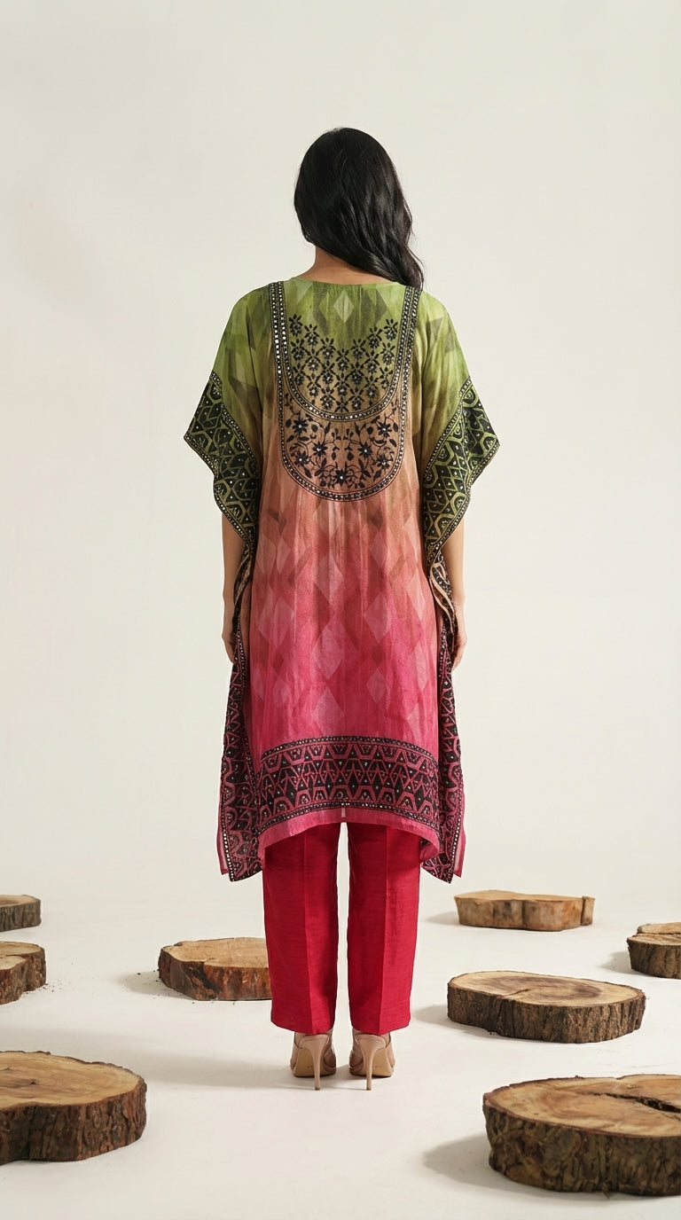Ombre Embellished Kaftan & Red Slim Pants Set | Rosio House