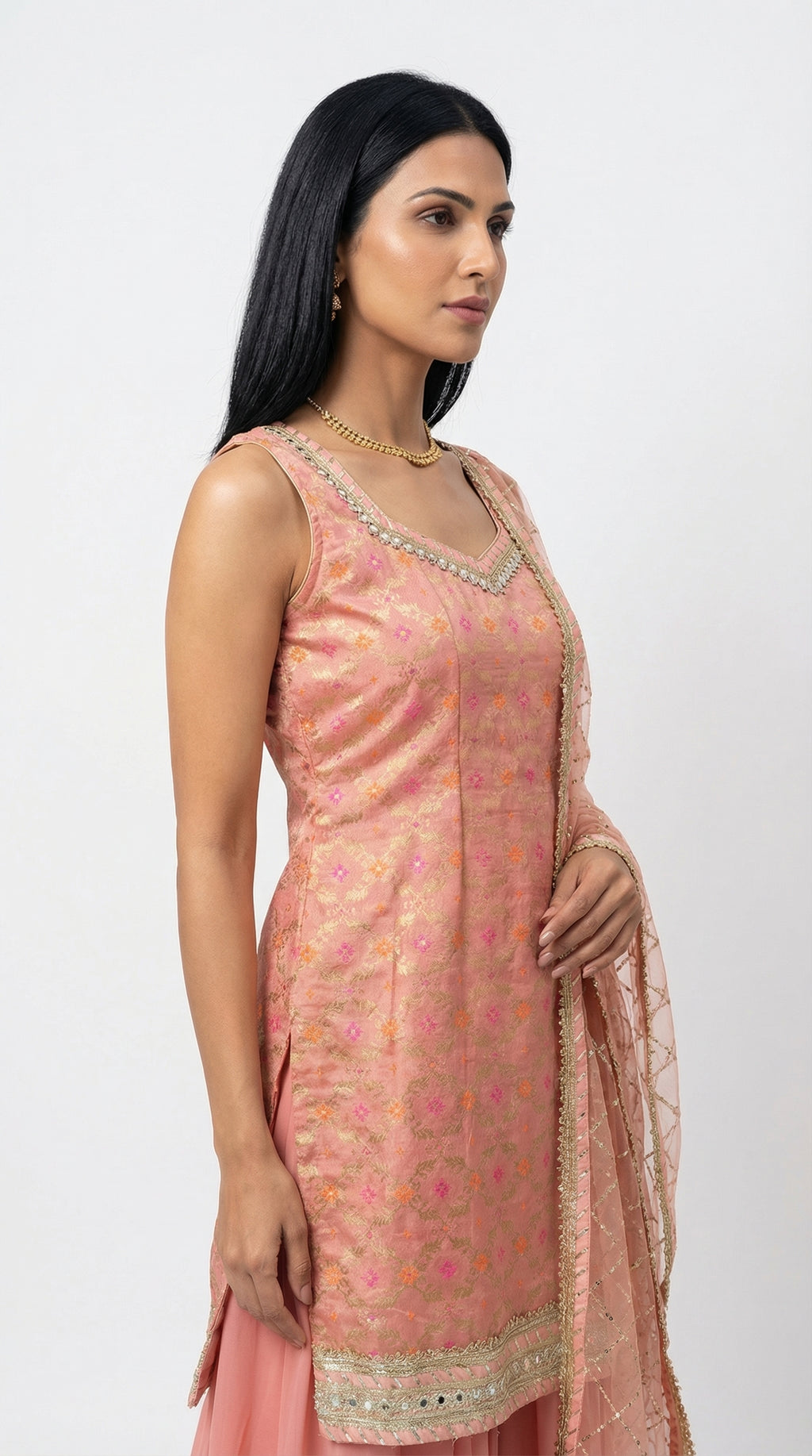 Peach Pink Brocade Sharara Set with Sequin Net Dupatta | Rosio House
