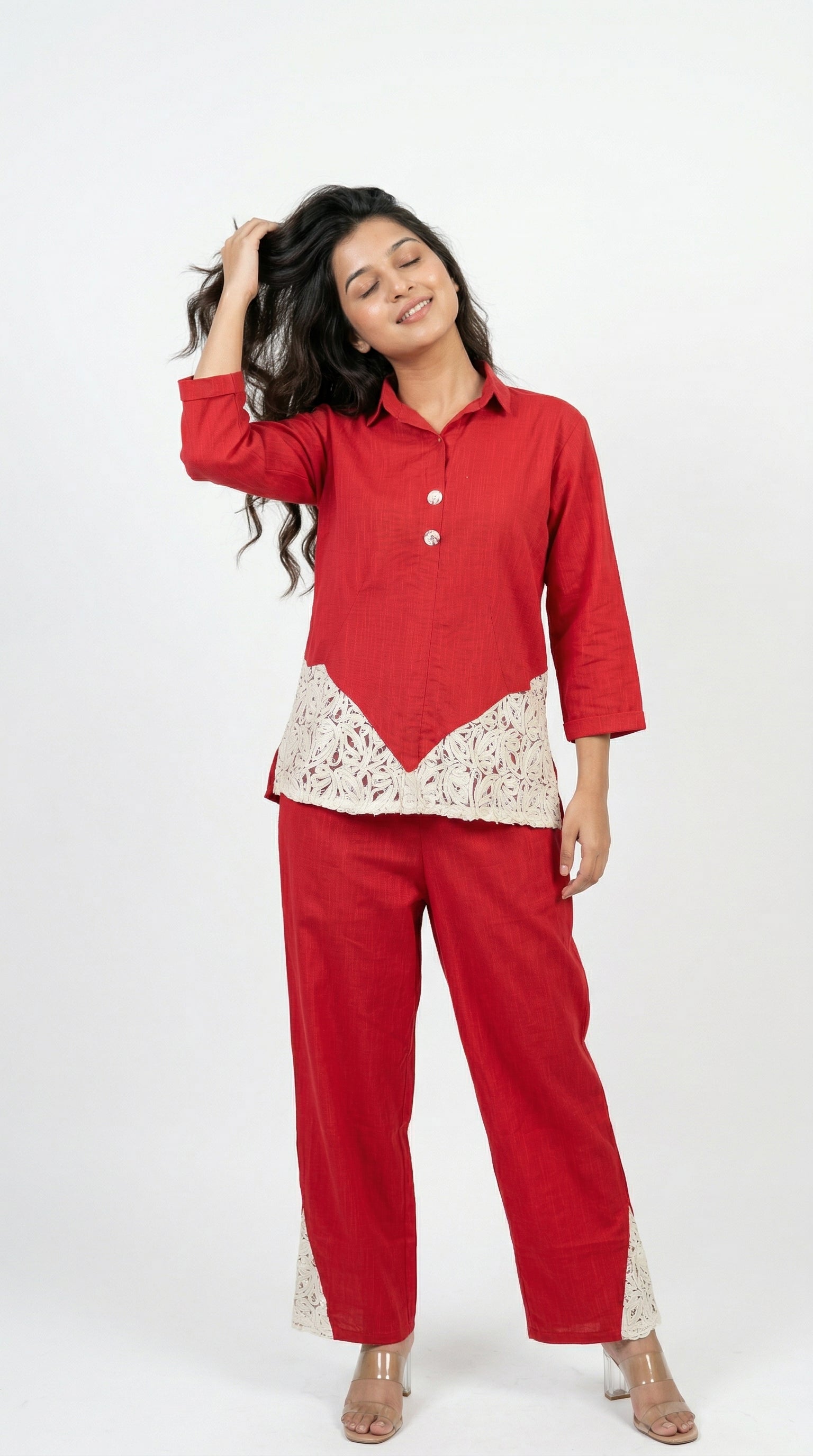 Red Pure Cotton Chiffli Lace Cord Set | Relaxed Fit Co-ord | Rosio House