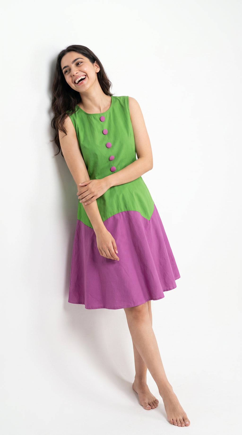 Green & Purple Colorblock Cotton Midi Dress | Rosio House