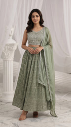 Sage Green Pleated Lightweight Lehenga Set | Rosio House