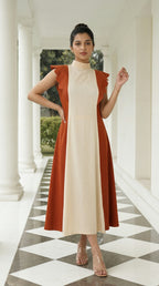 Cream & Terracotta Color Block Midi Dress | Scalloped Sleeves | Rosio House