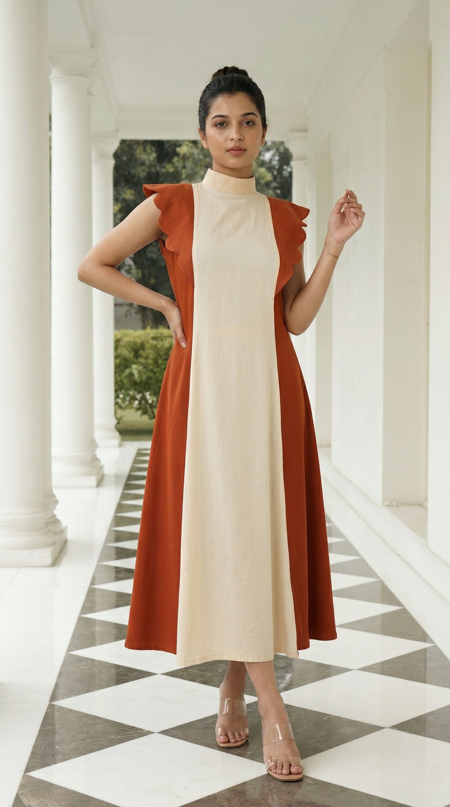 Cream & Terracotta Color Block Midi Dress | Scalloped Sleeves | Rosio House