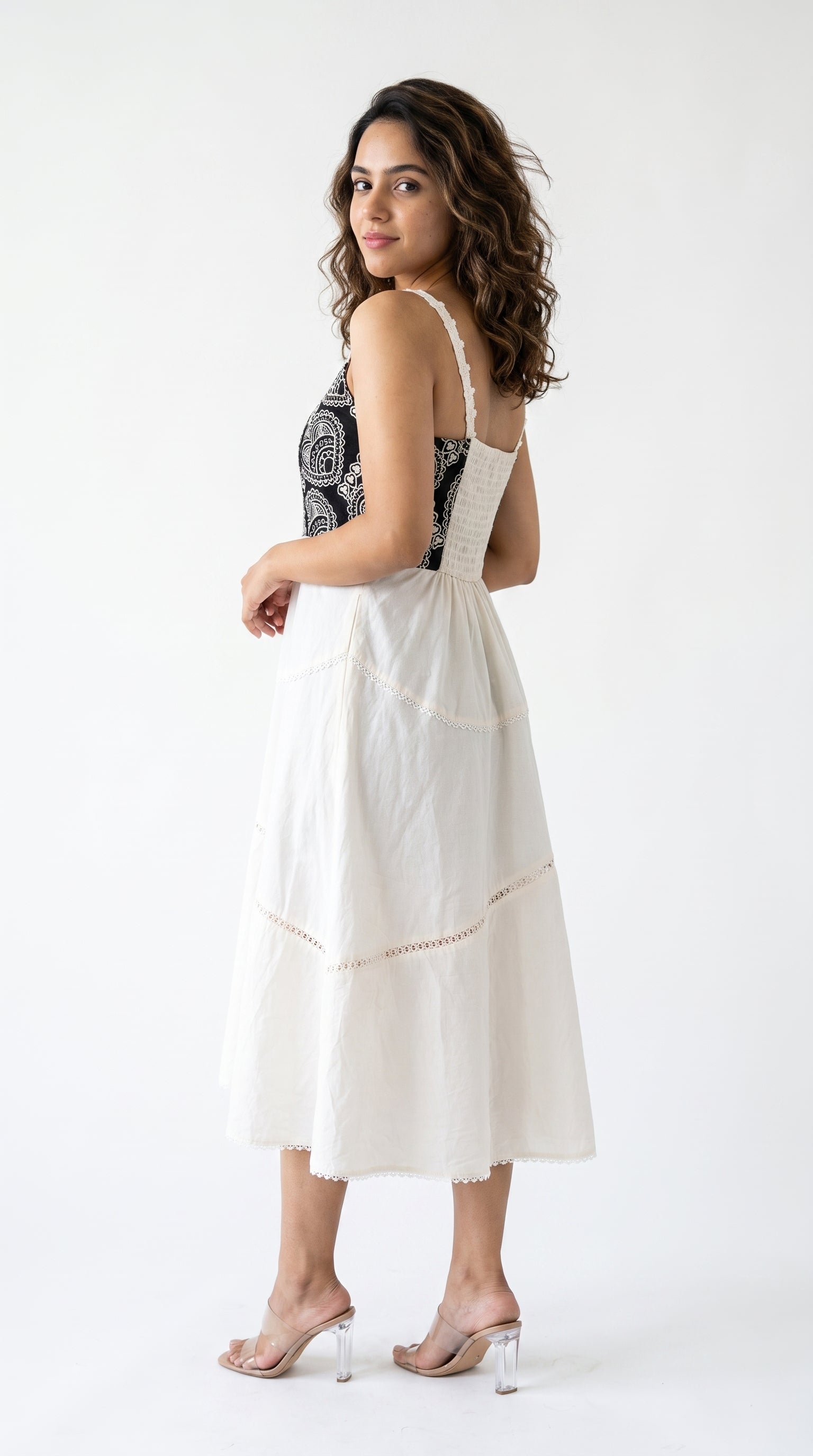 Black and White Thread work Midi Dress | Rosio House