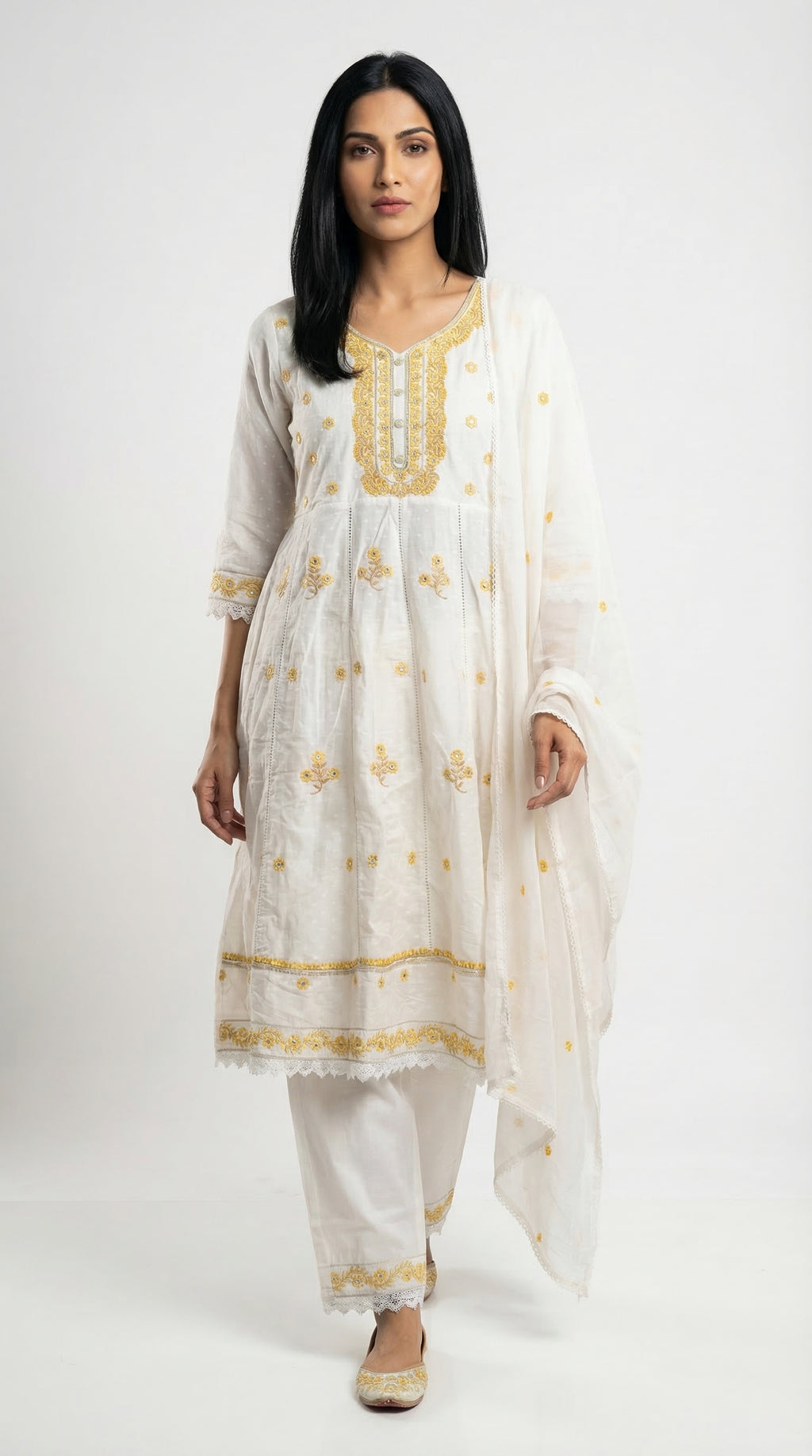 Cream & Gold Embroidered Cotton Suit Set | Rosio House