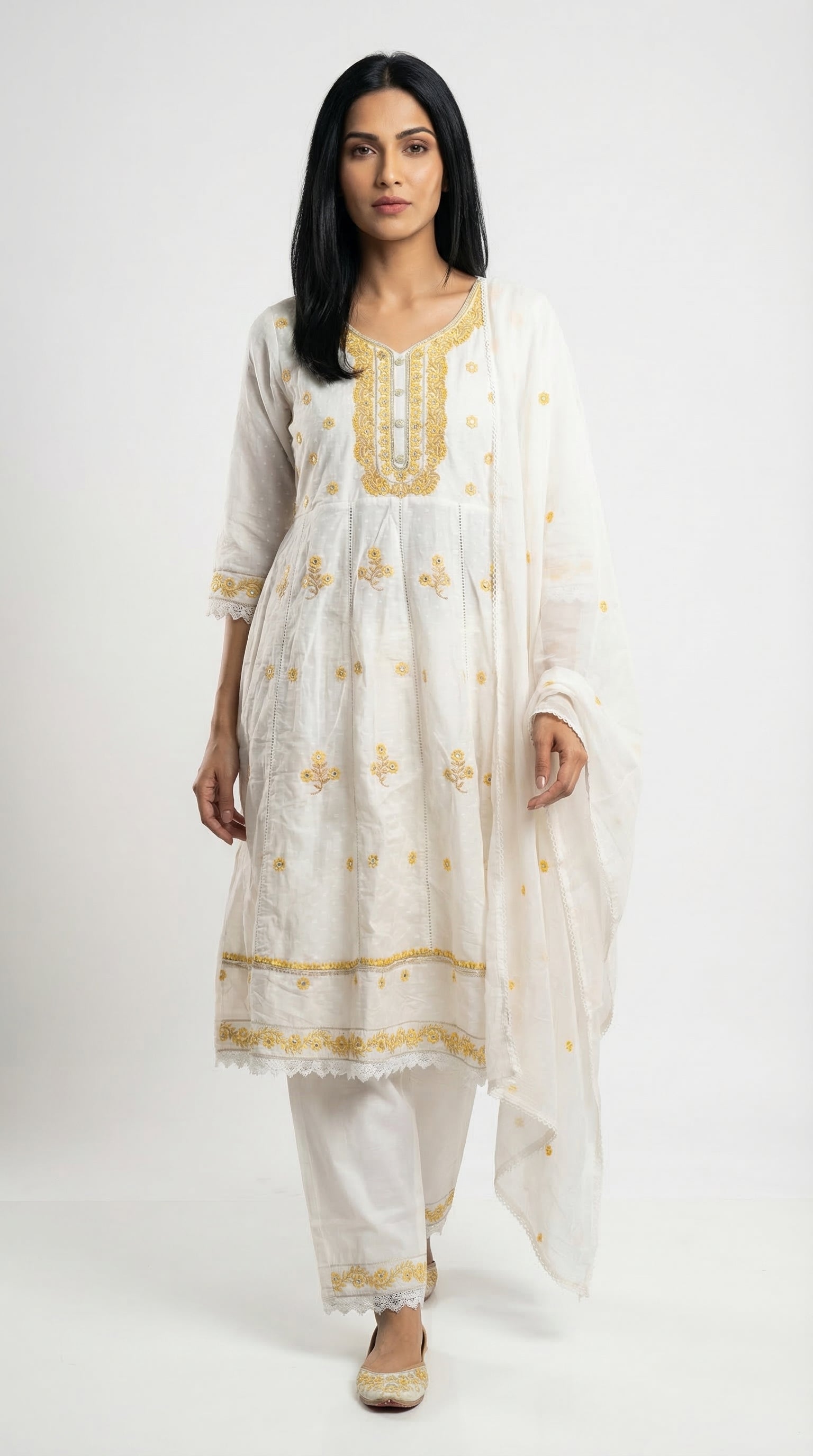 Cream & Gold Embroidered Cotton Suit Set | Rosio House