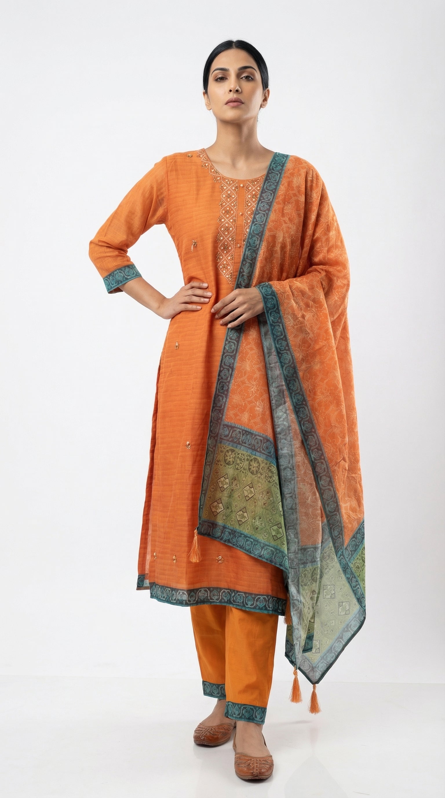 Zesty Orange Embroidered Women Cotton Suit | Rosio House