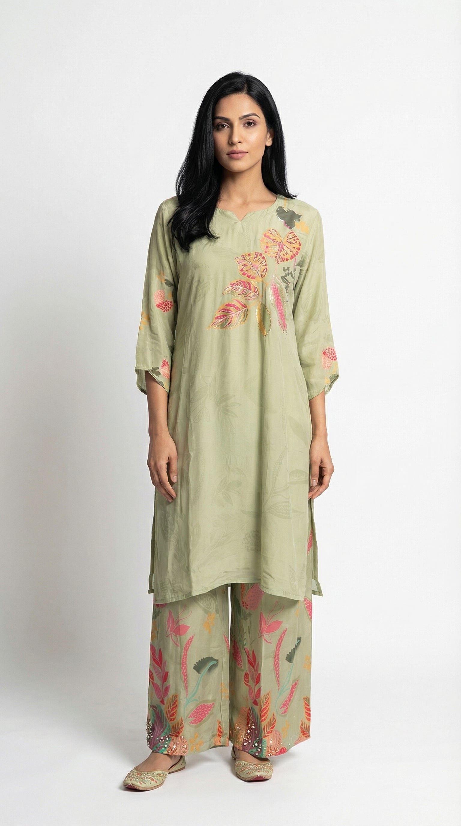 Sage Green Floral Printed Cord Set | Rosio House