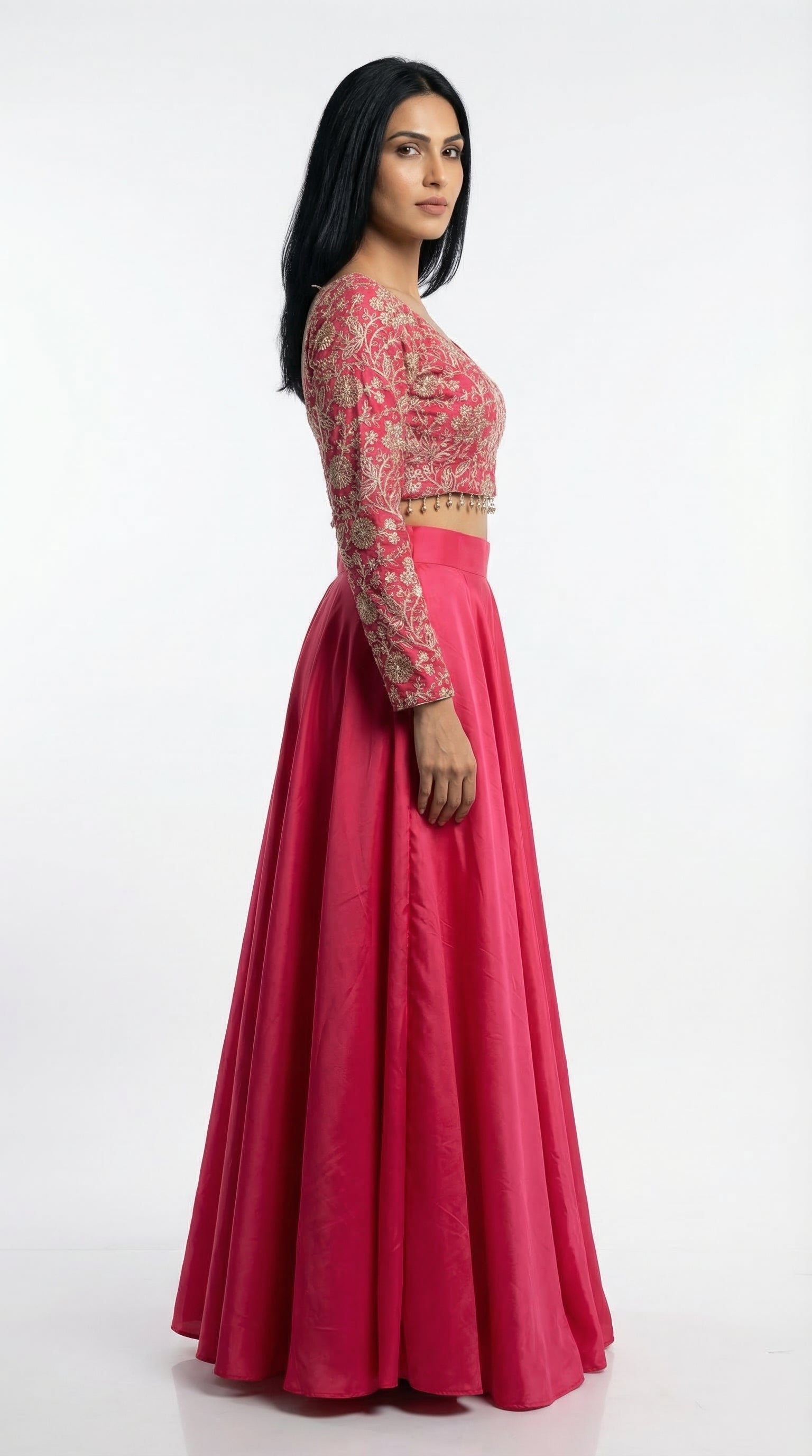 Rani Pink Embroidered Croptop Skirt Set | Rosio House
