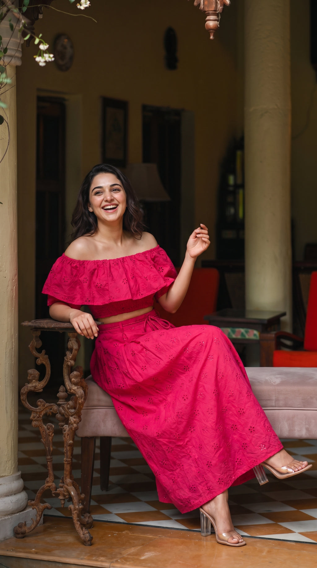 Movement shot of the Fuchsia Pink Dress, featuring Schiffli by Rosio House — ideal for Brunch