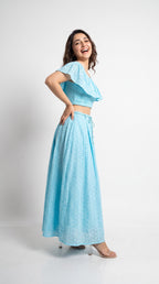 Fabric and embroidery detail of the Sky Blue Dress, featuring Schiffli by Rosio House