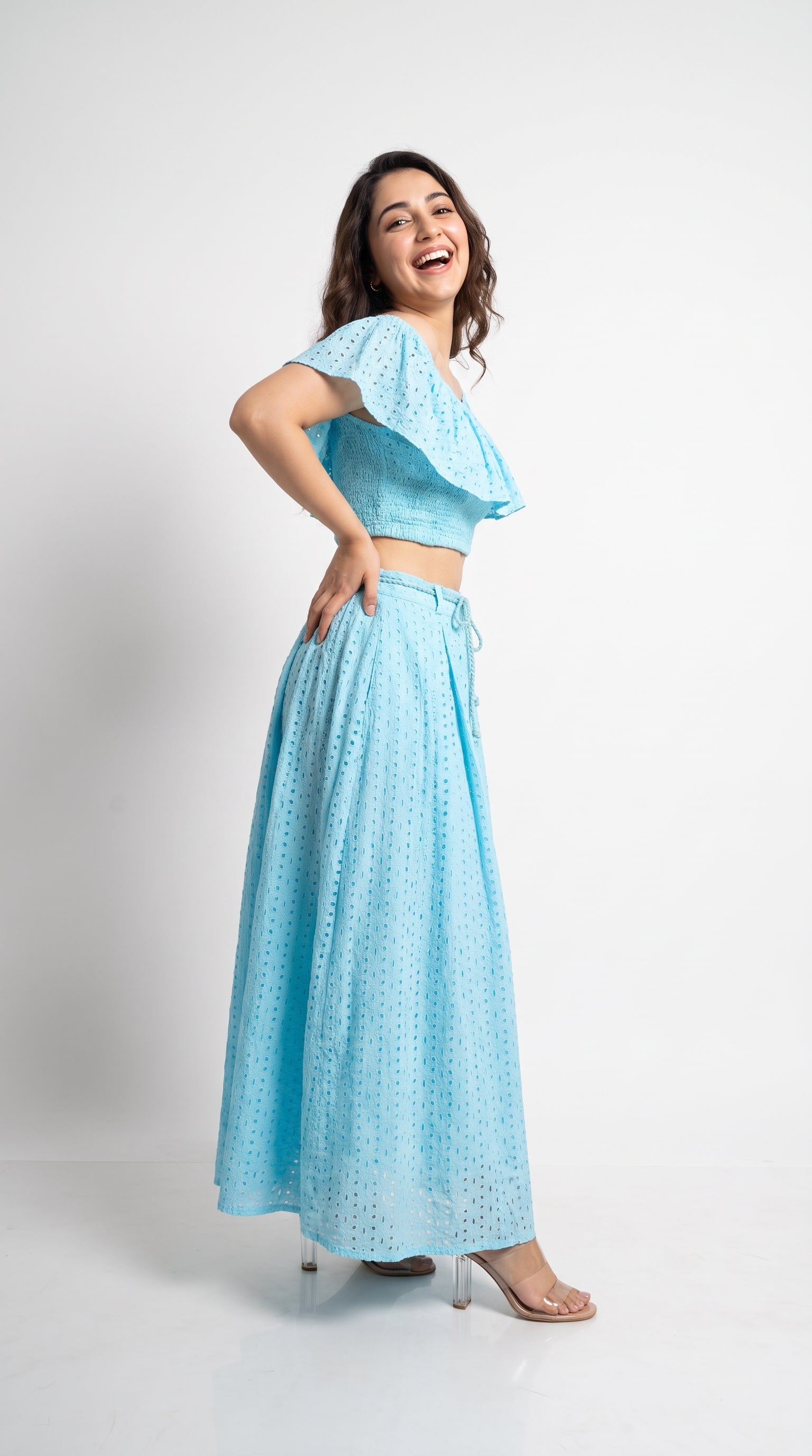 Fabric and embroidery detail of the Sky Blue Dress, featuring Schiffli by Rosio House