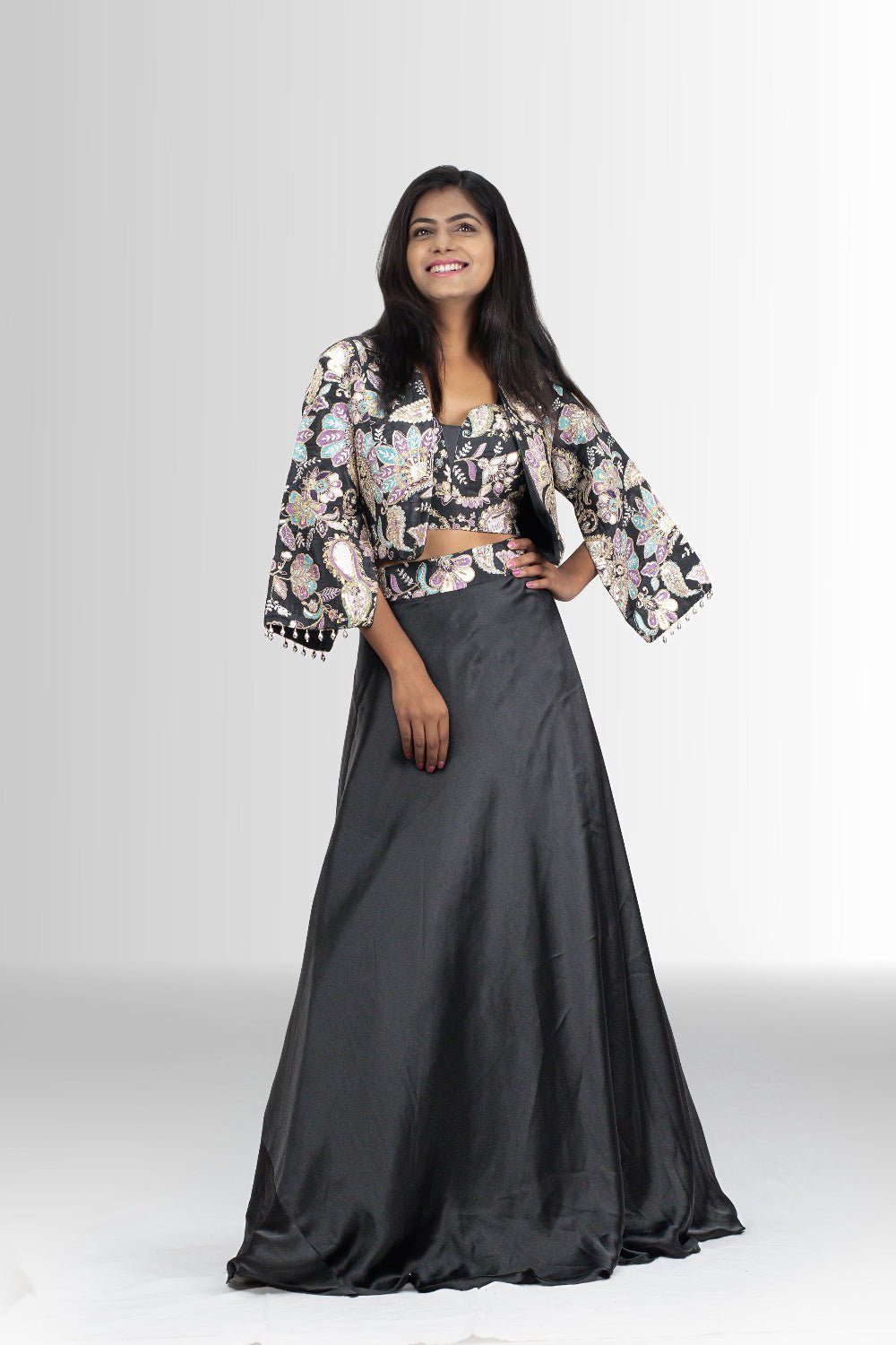 Black Block Zari Print Indo Western outfit with Jacket