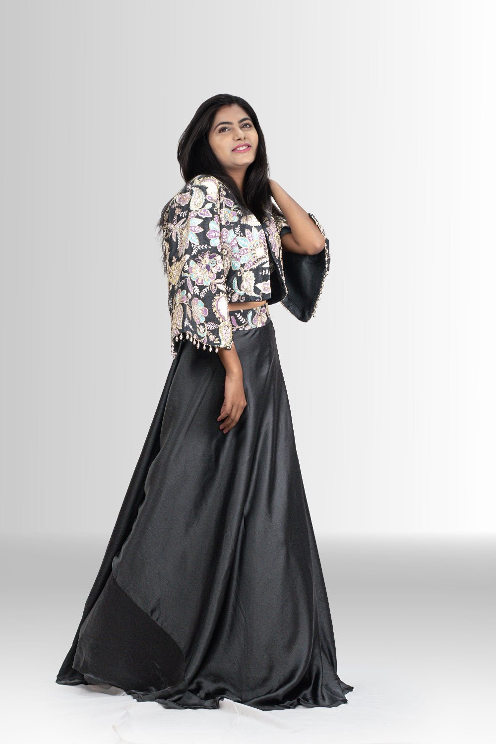Black Block Zari Print Indo Western outfit with Jacket