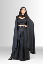 Black Handwork Indo-Western Outfit with Draped Skirt & Cape
