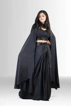 Black Handwork Indo-Western Outfit with Draped Skirt & Cape