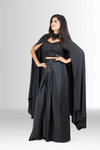 Black Handwork Indo-Western Outfit with Draped Skirt & Cape