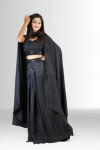 Black Handwork Indo-Western Outfit with Draped Skirt & Cape