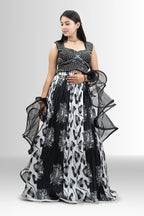 Black & White Crop Top Lehenga with Ruffled Dupatta
