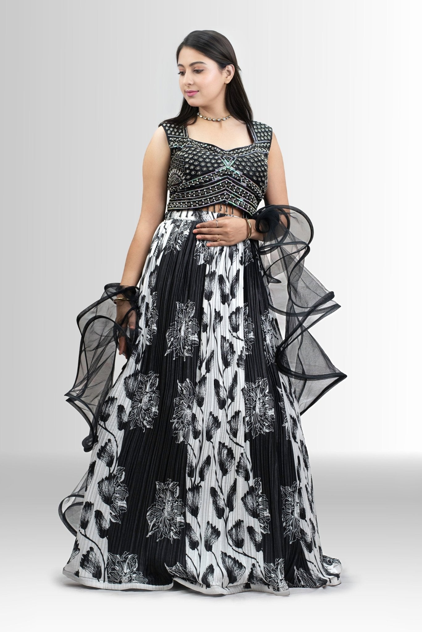 Black & White Crop Top Lehenga with Ruffled Dupatta