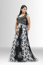 Black & White Crop Top Lehenga with Ruffled Dupatta